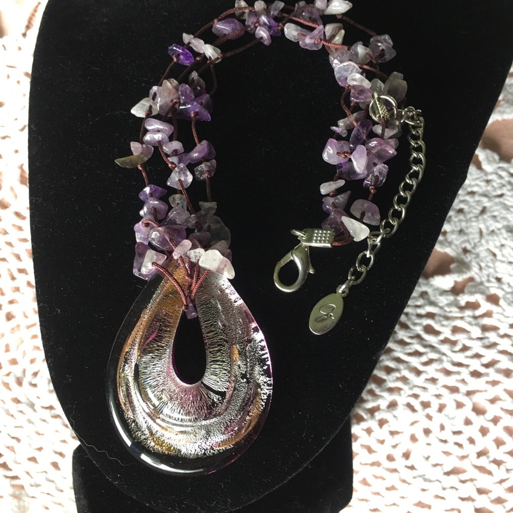2 Strand Amethyst Necklace with Glass Pendant and Earrings